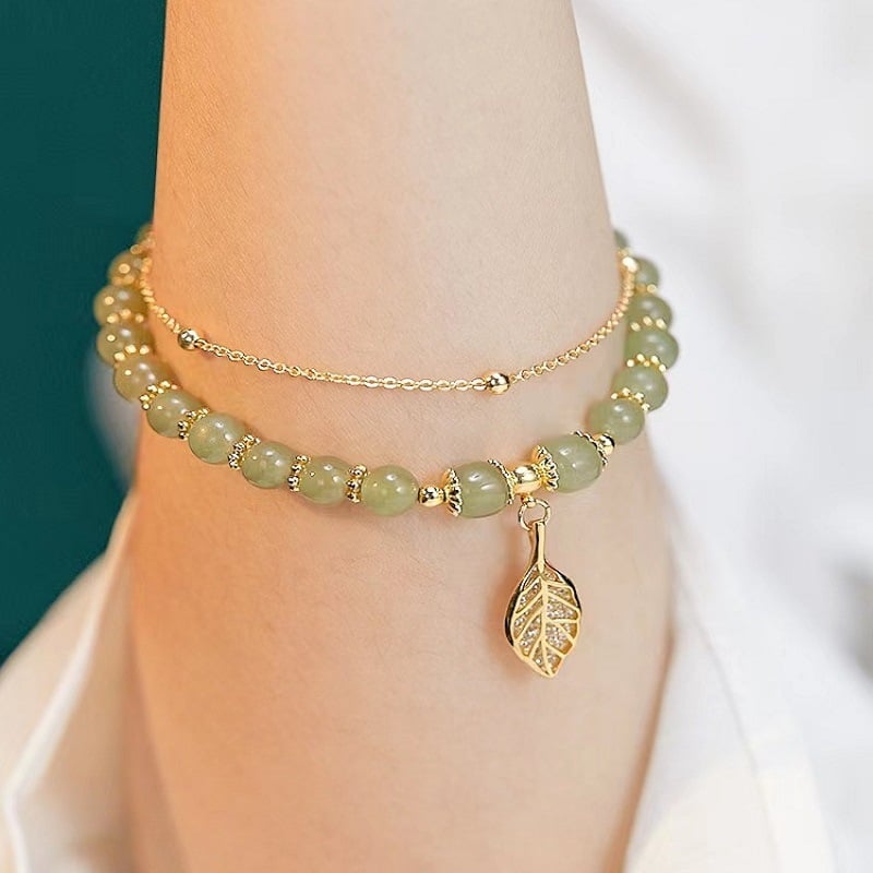 🔥Last Day Promotion - Wotian Jade Lucky Gold Leaf Bangle