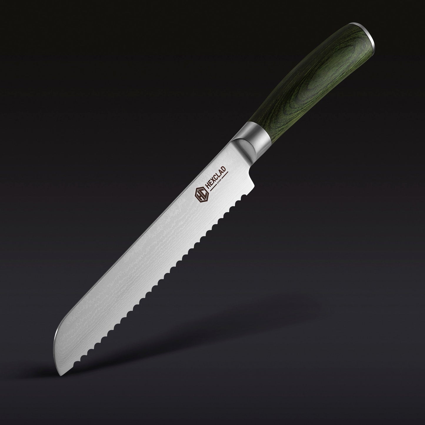 Damascus Steel Serrated Bread Knife, 8" (Green)